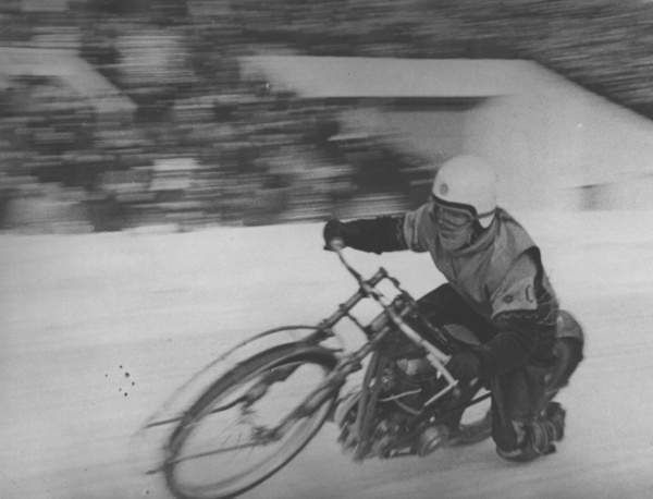 1965 Ice Racing Samorodov Boris RUS Moscow Central Stadium winner of the USSR Championship Motorcycle with a frame designed by Vladimir Karneiev Czech engine Jawa