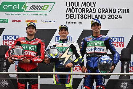 Nicolas Spinelli ITA 
Hector Garzo SPA 
Jordi Torres SPA 
Podium 2
MotoE 
 GP Germany 2024 (Circuit Sachsenring) 05-07.07.2024 
photo: Lukasz Swiderek  
www.photoPSP.com  
@photopsp_lukasz_swiderek 