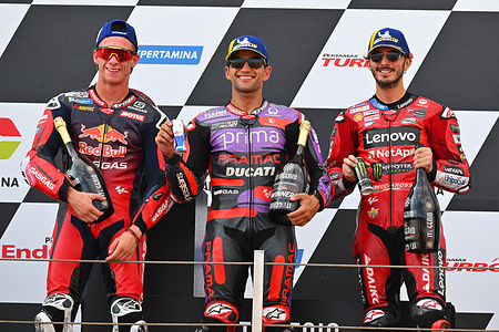 Pedro Acosta SPA 
Jorge Martin SPA 
Francesco Bagnaia ITA 
Podium 
MotoGP

 GP Indonesia 2024 (Circuit Mandalika) 27-29.09.2024 
photo: Lukasz Swiderek  
www.photoPSP.com  
@photopsp_lukasz_swiderek 