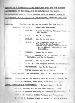 1912 Congress First page of the Minutes of FICM meeting Automobile Club de France Paris