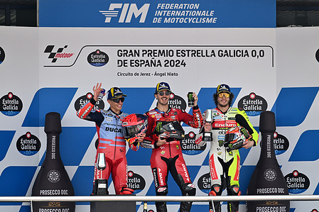 Marc Marquez SPA 
Francesco Bagnaia ITA 
Marco Bezzecchi ITA 
Podium 
MotoGP

 GP Spain 2024 (Circuit Jerez) 26-28.04.2024 
photo: Lukasz Swiderek  
www.photoPSP.com  
@photopsp_lukasz_swiderek