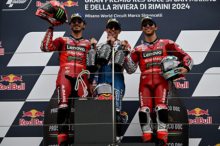 Francesco Bagnaia ITA 
Marc Marquez SPA 
Enea Bastianini ITA 
Podium 
MotoGP
 GP San Marino 2024 (Circuit Misano) 6-8.09.2024 
photo: Lukasz Swiderek  
www.photoPSP.com  
@photopsp_lukasz_swiderek 