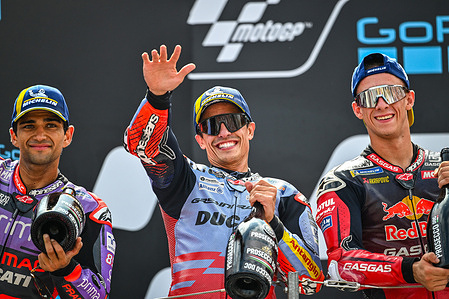 Jorge Martin SPA 
Marc Marquez SPA 
Pedro Acosta SPA 
Podium 
MotoGP

 GP Arago 2024 (Circuit Motorland) 30.08-1.09.2024 
photo: Lukasz Swiderek  
www.photoPSP.com  
@photopsp_lukasz_swiderek 