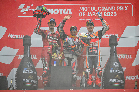 FRANCESCO BAGNAIA ITA 
JORGE MARTIN SPA 
MARC MARQUEZ SPA 
Podium 
MotoGP
 GP Japan 2023 (Circuit Twin Ring Motegi) 
29.09-01.10.2023 
photo: Lukasz Swiderek
www.photoPSP.com
@photopsp_lukasz_swiderek