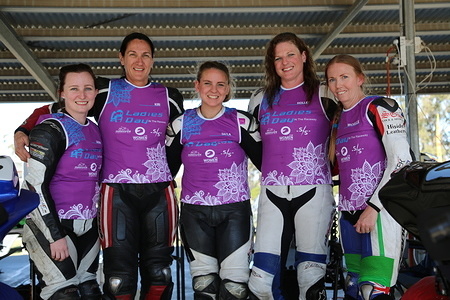 Rider Mentors from left to right, Sarah Fairbrother, Kiri Welsh, Tayla Relph, Holley Stoll and Michelle Benjak wearing Ladies Day at the Raceway custom bibs.